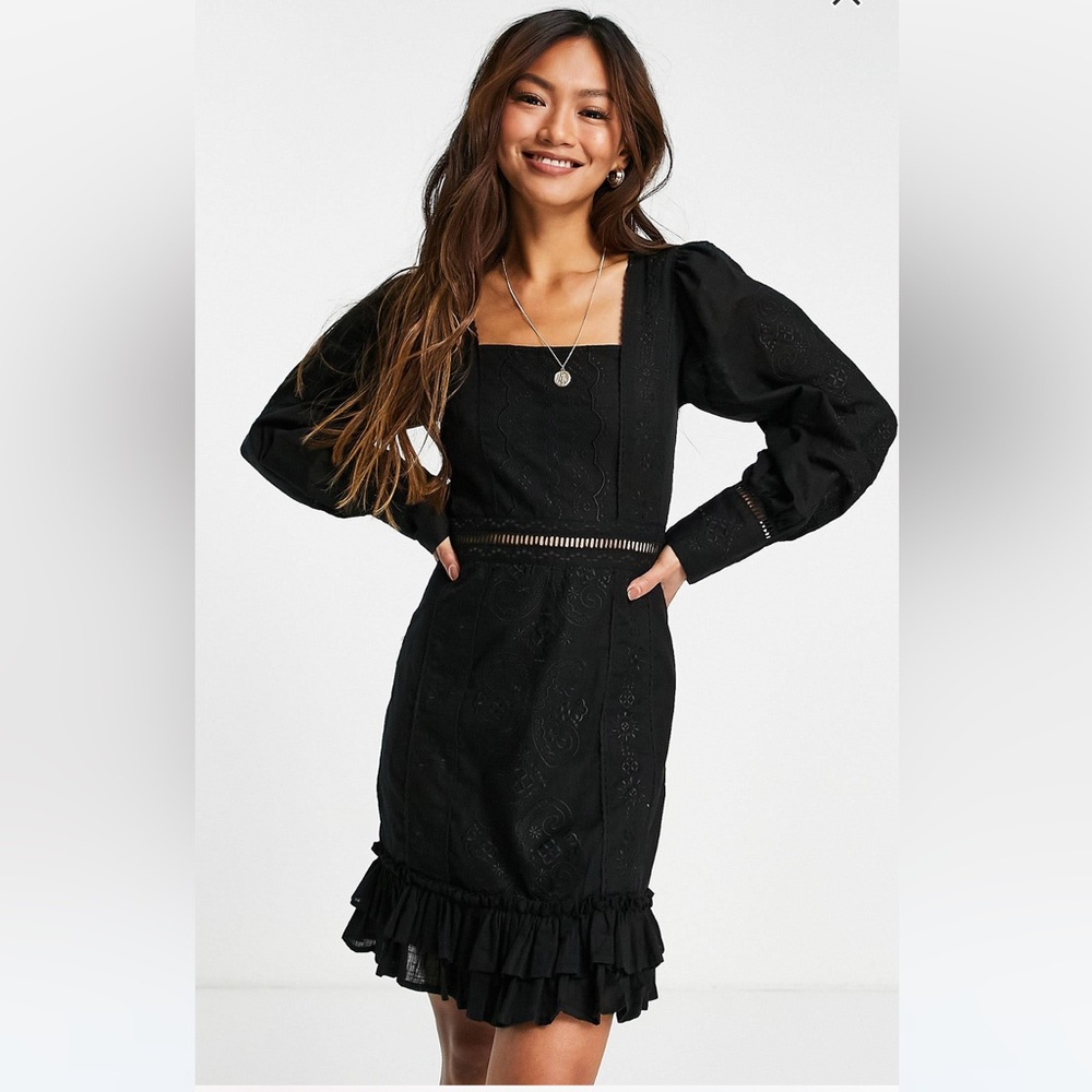 ASOS Design Embroidered Square Neck Lace Trim Mini Dress